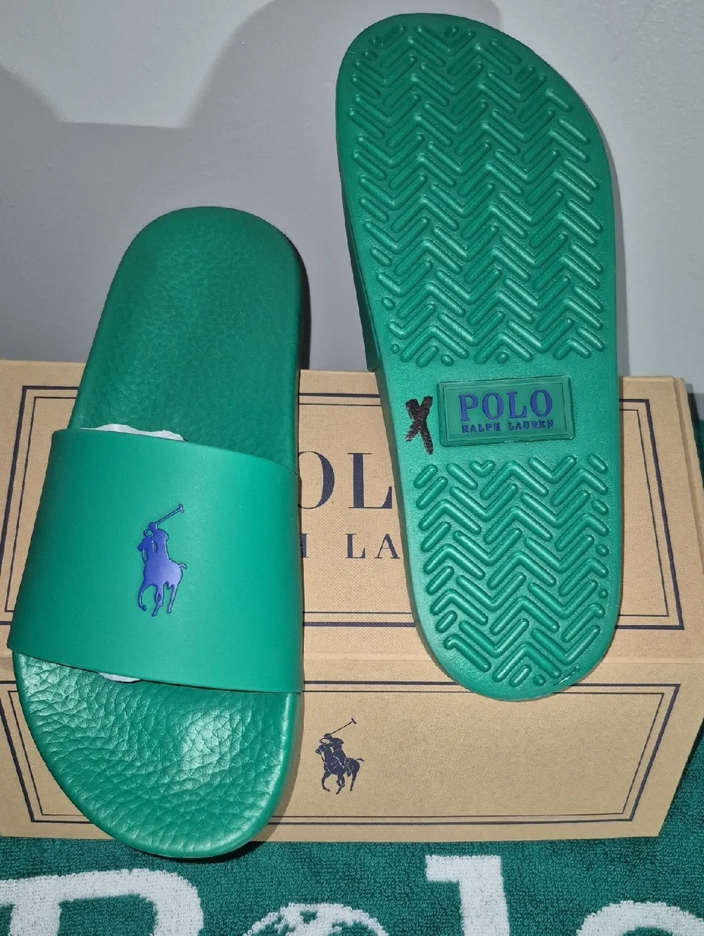 Polo by Ralph Lauren Green Slide Sandals with Blue Logo